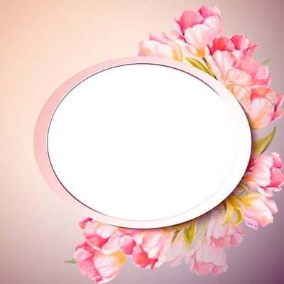 marco ovalado y flores rosadas. Photo frame effect