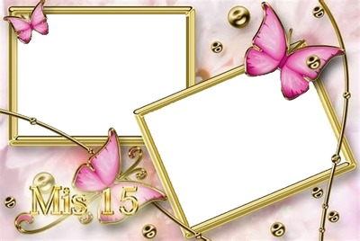 mis 15, marco dorado y mariposas rosadas. Fotomontaggio