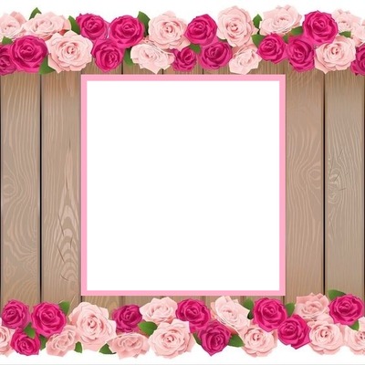 marco y rosas rosadas, fondo madera. Photomontage
