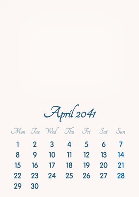 April 2041 // 2019 to 2046 // VIP Calendar // Basic Color // English Fotomontagem