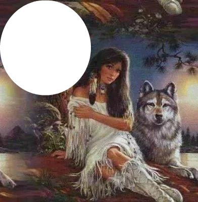 une indienne et 1 loup 1 photo cadre Фотомонтаж