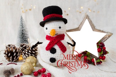 Merry Christmas, lindo muñeco de  nieve, 1 foto Fotomontage