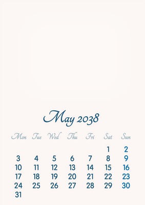 May 2038 // 2019 to 2046 // VIP Calendar // Basic Color // English Фотомонтажа