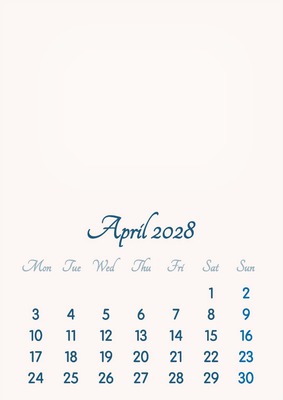 April 2028 // 2019 to 2046 // VIP Calendar // Basic Color // English