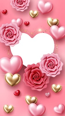 corazones y rosas rosadas. Fotomontaža