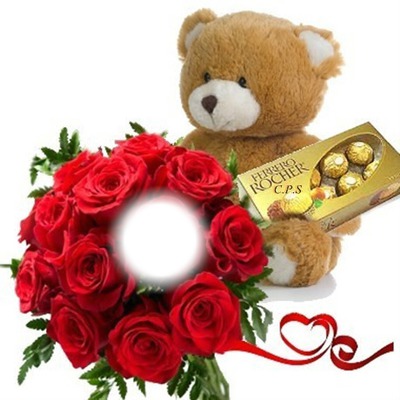 Peluche con rosas y chocolates Fotomontage