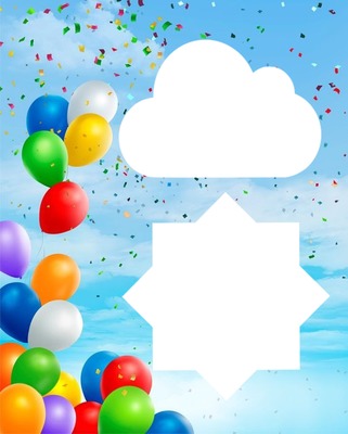 feliz cumpleaños, globos y confites de colores, 2 fotos. Fotomontagem