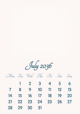 July 2036 // 2019 to 2046 // VIP Calendar // Basic Color // English Fotomontaža