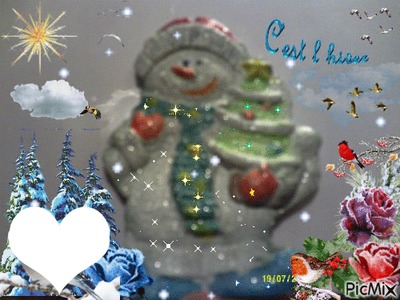 Bonhomme de neige avec chaussures bleues peint par Gino GIBILARO avec coeur et déco picmix