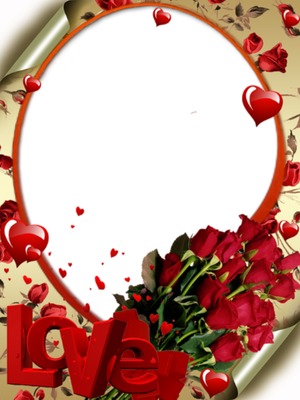 Love, marco y ramo de rosas, 1 foto. Fotomontagem