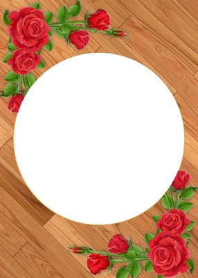 marco circular y rosas rojas, sobre madera. Fotomontaggio