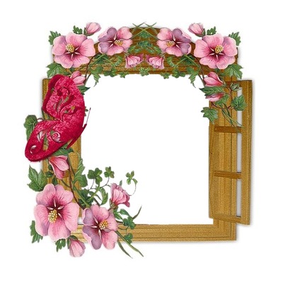ventana, mariposa y flores rosadas. フォトモンタージュ
