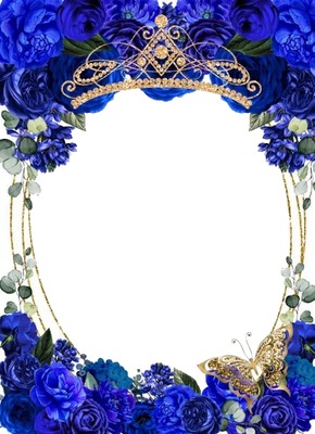 marco azul, corona y mariposa dorada.