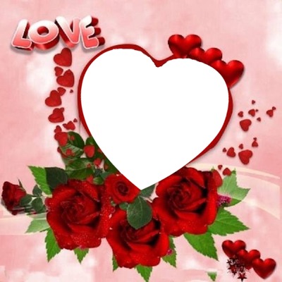 love, corazón entre rosas rojas. Fotomontáž