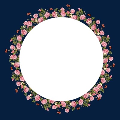corona de rosas rosadas, fondo azul, una foto. Photomontage