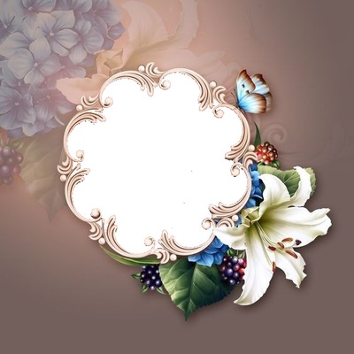 marco, flores y mariposa, fondo lila.
