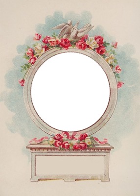cómoda y espejo circular, detalle palomas y rosas. Φωτομοντάζ