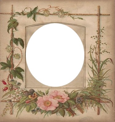 marco circular, ramas y flores, fondo marrón.