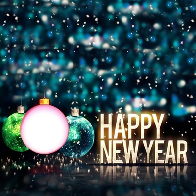 Happy New Year, bolas, espejo,1 foto Fotomontaža