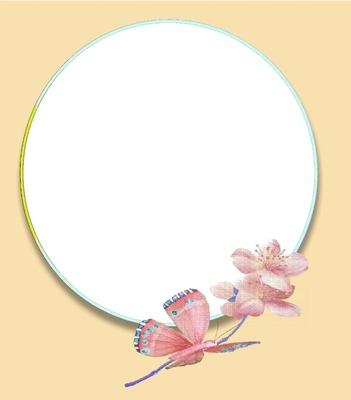 marco circular, mariposa y flor rosada. Photo frame effect