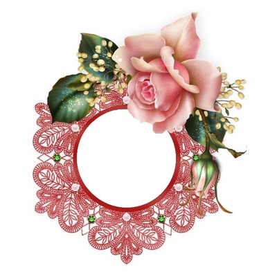 marco circular y rosa rosada. Fotomontaža