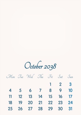 October 2038 // 2019 to 2046 // VIP Calendar // Basic Color // English Fotomontaža