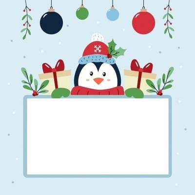 cartel navidad, pinguino. Fotomontaggio