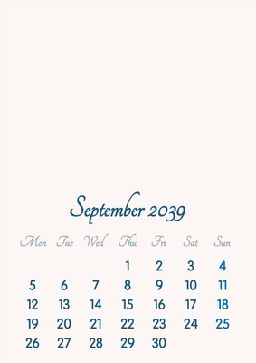 September 2039 // 2019 to 2046 // VIP Calendar // Basic Color // English Photo frame effect