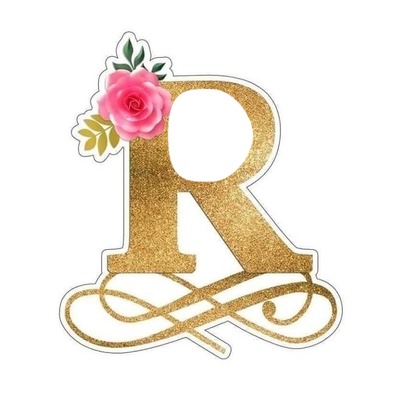 letra R dorada y flor rosada. Montaje fotografico