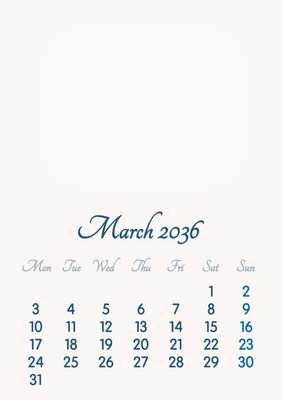 March 2036 // 2019 to 2046 // VIP Calendar // Basic Color // English Photomontage