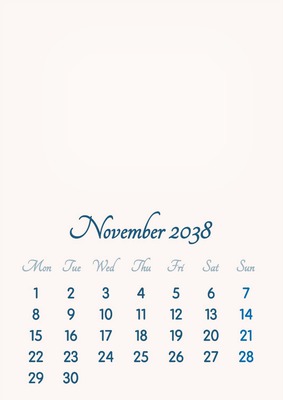 November 2038 // 2019 to 2046 // VIP Calendar // Basic Color // English Fotomontažas