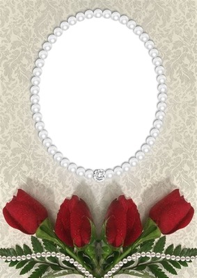 marco ovalado en perlas y rosas rojas. Fotomontage