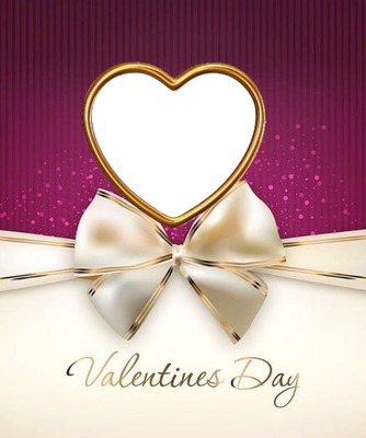 Valentines day, lazo y corazón dorado. Fotomontaža