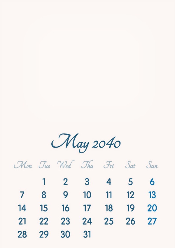 May 2040 // 2019 to 2046 // VIP Calendar // Basic Color // English Fotomontažas