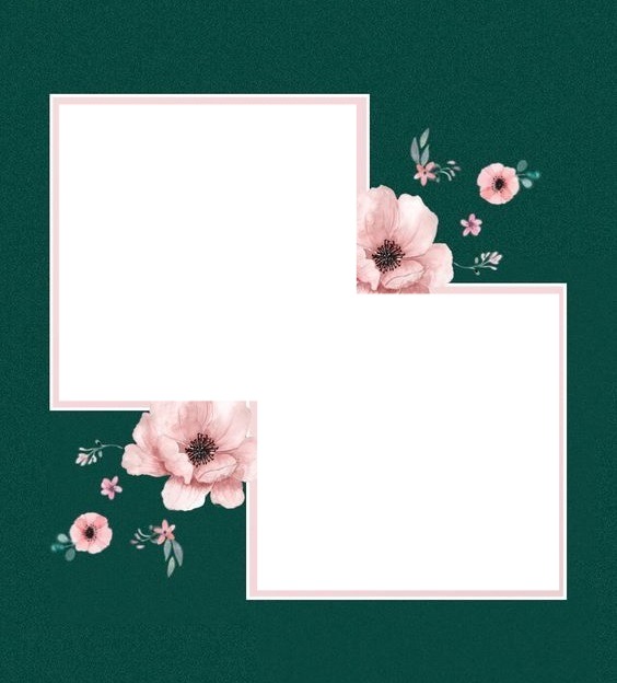 marco para dos fotos, fondo verde, flores rosadas. Fotomontage