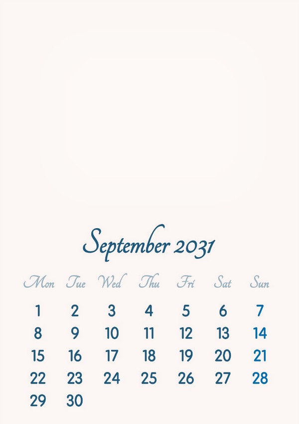 September 2031 // 2019 to 2046 // VIP Calendar // Basic Color // English Photomontage