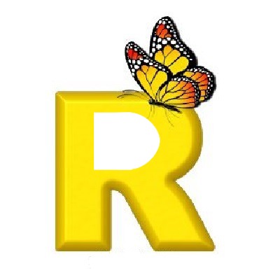 letra R y mariposa amarilla. フォトモンタージュ