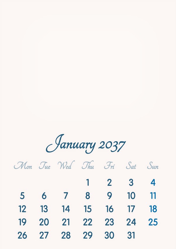 January 2037 // 2019 to 2046 // VIP Calendar // Basic Color // English Fotomontagem