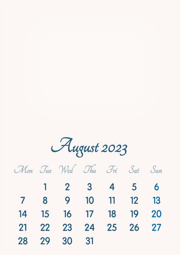 August 2023 // 2019 to 2046 // VIP Calendar // Basic Color // English Fotomontaggio
