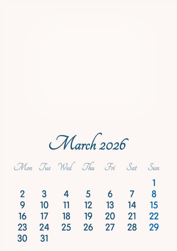 March 2026 // 2019 to 2046 // VIP Calendar // Basic Color // English Fotomontāža