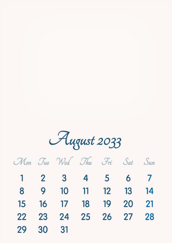 August 2033 // 2019 to 2046 // VIP Calendar // Basic Color // English Photo frame effect