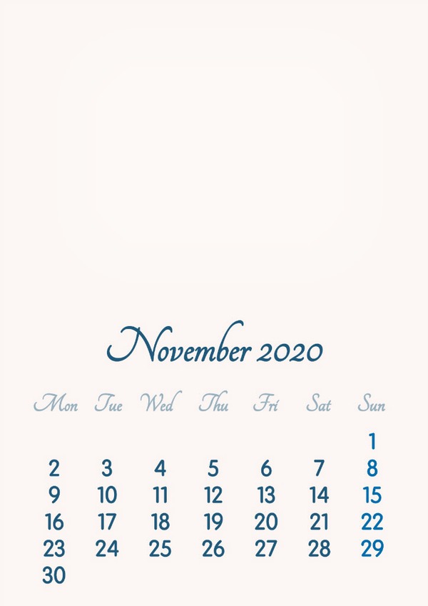 November 2020 // 2019 to 2046 // VIP Calendar // Basic Color // English Photomontage