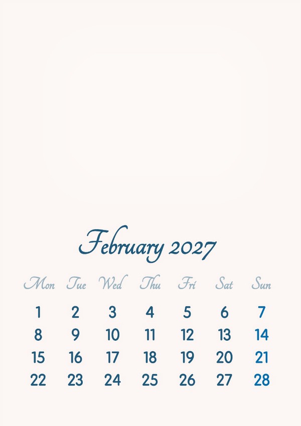 February 2027 // 2019 to 2046 // VIP Calendar // Basic Color // English Photo frame effect