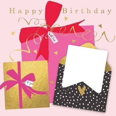 Happy Birthday, regalos, cartita, una foto. Fotoğraf editörü