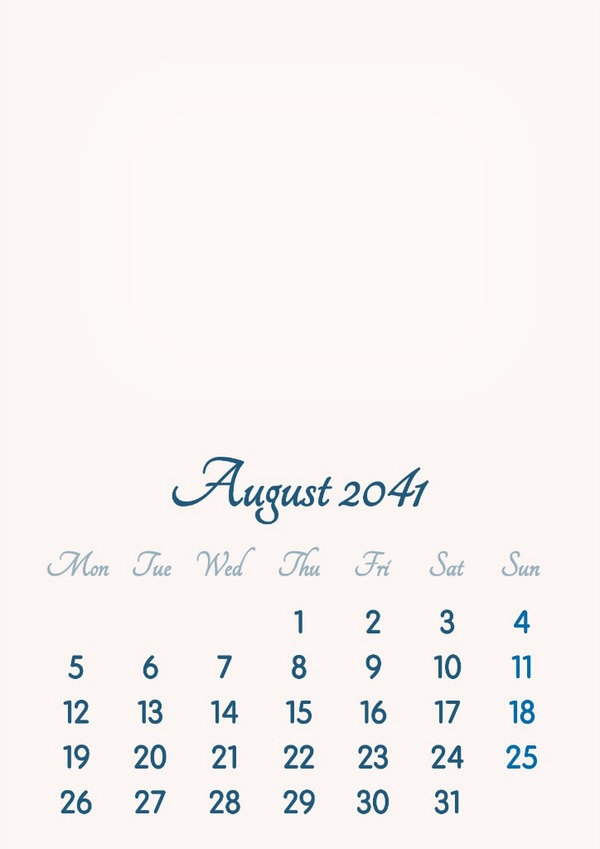 August 2041 // 2019 to 2046 // VIP Calendar // Basic Color // English Fotomontagem