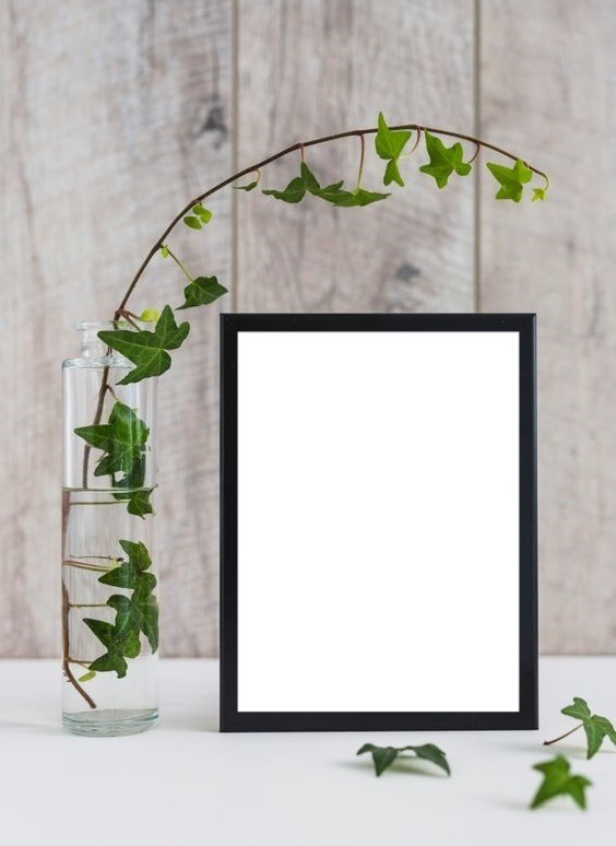 marco y florero con hojas verdes. Montaje fotografico