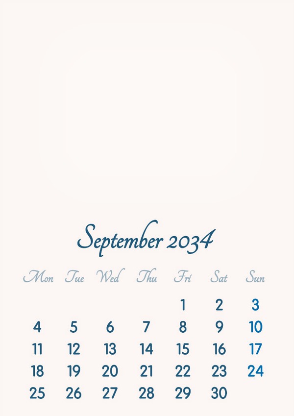September 2034 // 2019 to 2046 // VIP Calendar // Basic Color // English Фотомонтаж