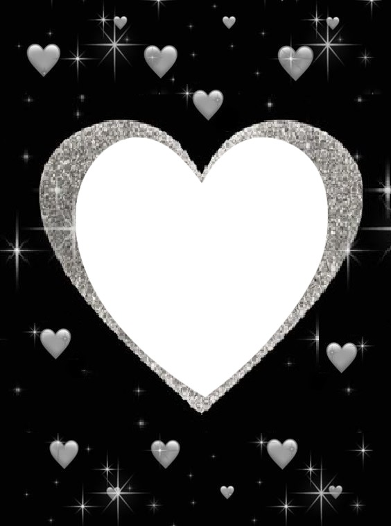 corazón plateado, fondo negro y corazones. Photomontage