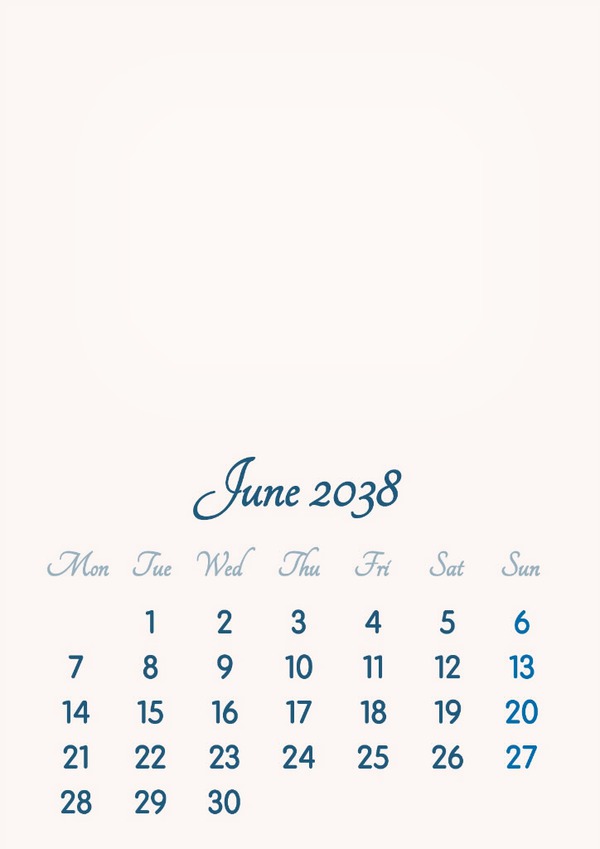 June 2038 // 2019 to 2046 // VIP Calendar // Basic Color // English Photo frame effect