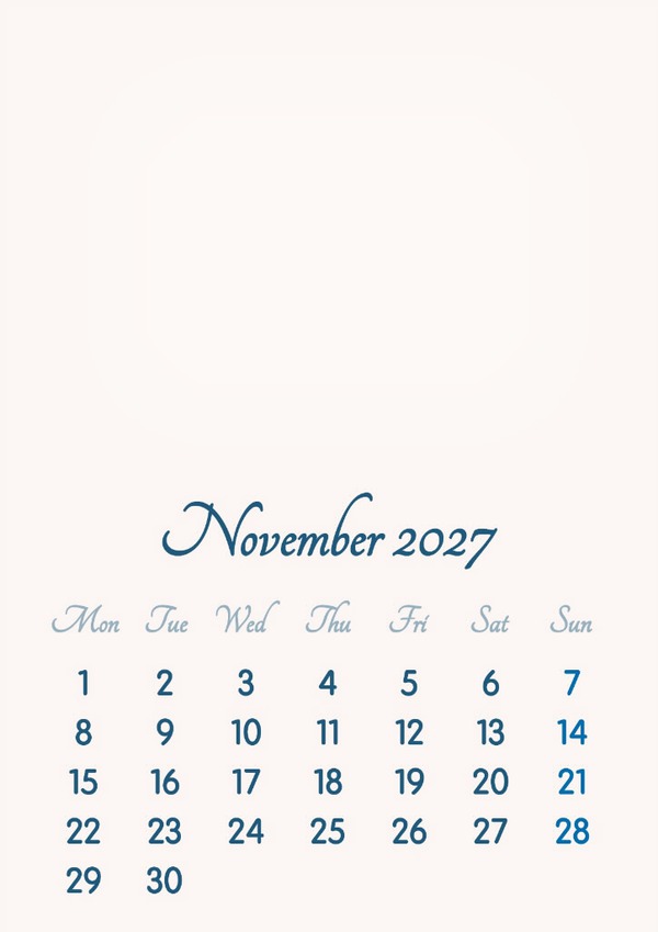 November 2027 // 2019 to 2046 // VIP Calendar // Basic Color // English Fotomontage